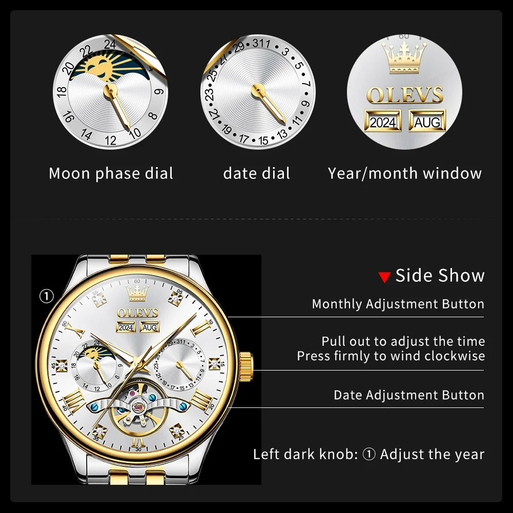 OLEVS 7023 Men's Watches Luxury Moon phase Waterproof Original Automatic Mechanical Watch for Men Stainless Steel Date Watch Man