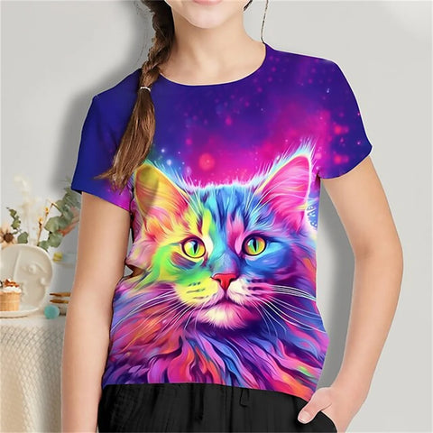 Cat Short Sleeve Horse Child Tshirt Summer Kawaii Kid T-Shirt For Children Tops Fashion Tee Girls Clothes From 8 To 14 Years Old