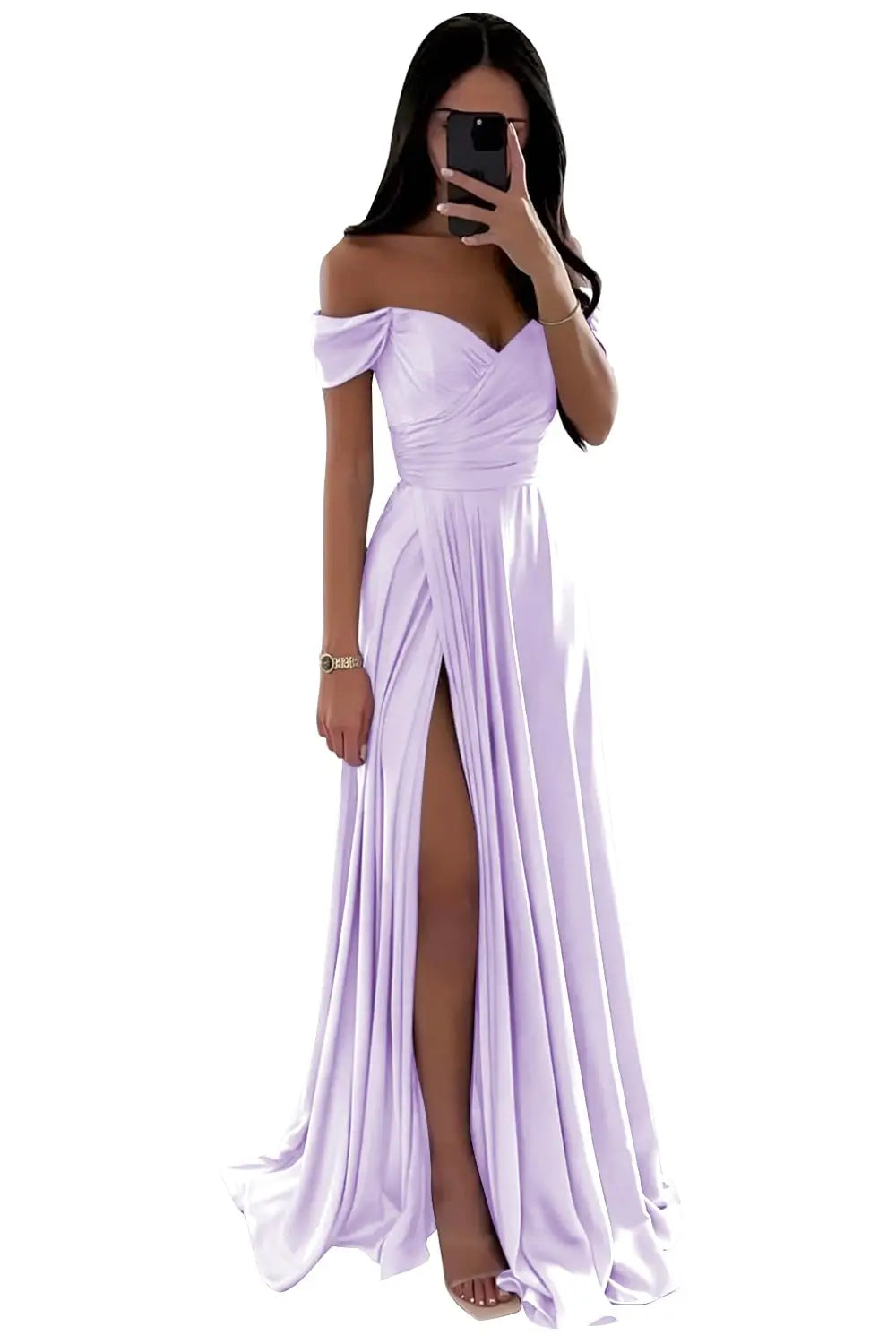 GDYBAO Women's Off The Shoulder Bridesmaid Dresses for Wedding With Slit Long  Pleated Satin Prom Dress A-Line Evening Gowns