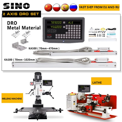 SINO 2 Axis DRO Set 5um Digital Readout Kits for 0.005mm Linear Scales Encoder Grating Ruler 70-1020mm Lathes Milling SDS6-2V