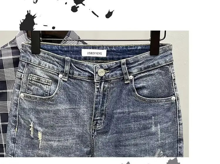 Spring Autumn Men's Luxury Brand Hole Patch Jeans Korean Fashion Slim Fit Jeans For Men Denim Pants