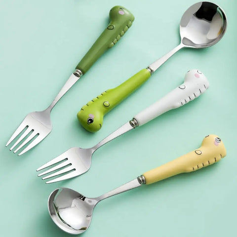 Baby Gadgets Tableware Cartoon Dinosaur Children Utensil Stainless Steel Toddler Dinnerware Cutlery Food Feeding Spoon Fork