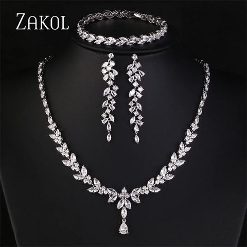 ZAKOL Luxury Cubic Zirconia Necklace Earrings Rings Set for Women Shinny Water Drop Leaf CZ Bridal Wedding Jewelry Sets