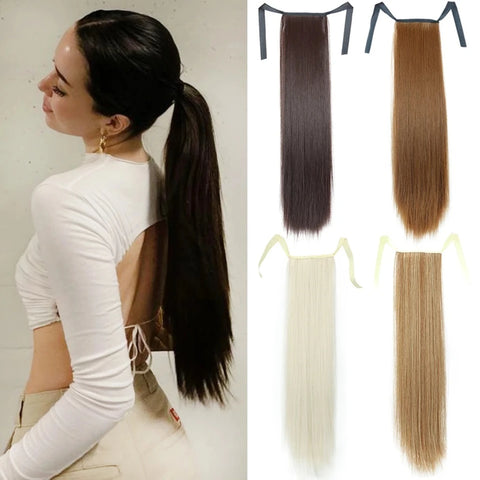 Synthetic Long Straight Ribbon Fake Ponytails Clip