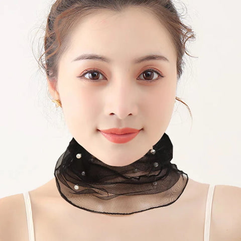 Spring Summer Chiffon Neck Collar Scarf Mesh Fake Pear Women Head Thin Sunscreen Anti-UV Scarf Fashion Lace Beaded Scarves