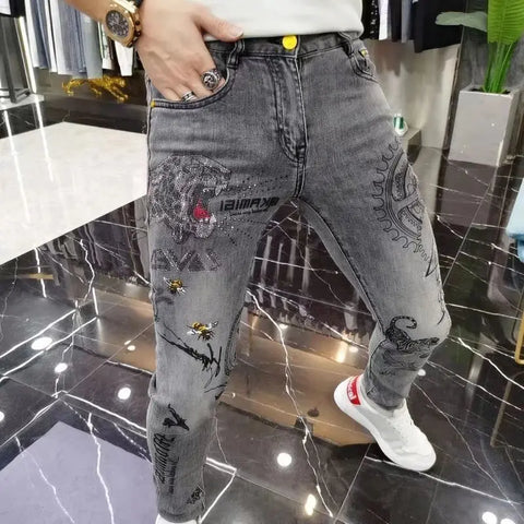 High-end European Korean Men's Slim Fit Jeans with Tiger Diamond Print for Casual Wear Spring Autumn Stretch Luxury Clothing Men