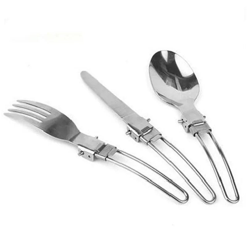 Portable Dinnerware Set Stainless Steel Foldable Spoon Fork Knife With Black Bag 3 In 1 Cutlery Set Camping Picnic Tableware Set