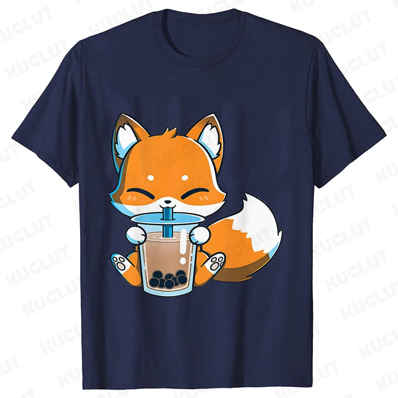 Boba Fox Drinking Print Blouse Women Clothing Fashion Kawaii Cartoon Fox Graphic T-shirts Anime Harajuku Tops Short Sleeve Tees