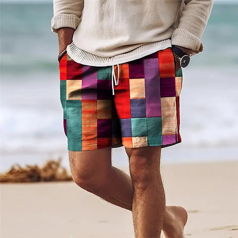 Casual Colourful Plaid Printed Shorts with Pocket Summer Men's Outdoor Daily Sports Shorts Large Size Loose Holiday Beach Trunks