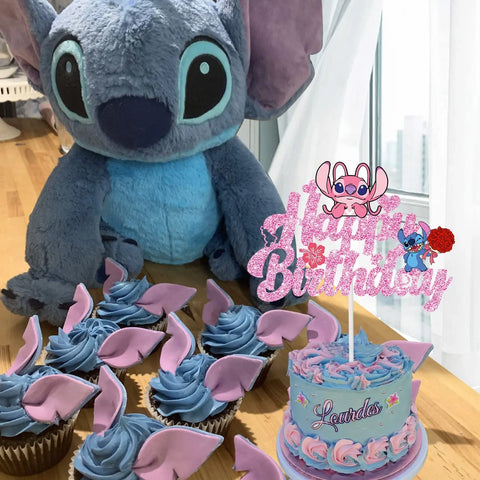 Pink Lilo &Stitch Cake Topper Girls Cartoon Happy Birthday Cake Decor Party Supplies for Kids Birthday Baby Shower Decoration