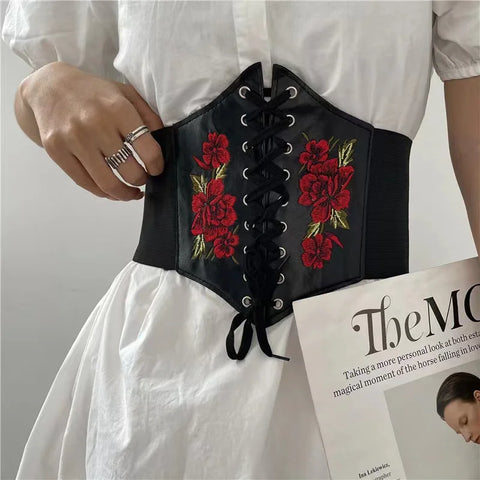 Women's Corset Belt Gothic Fashion PU Flower Embroidery Cummerbunds