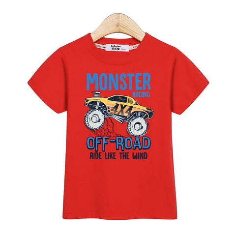 3-13T Baby Boys Monster Truck T-shirt Children Short Sleeved Cotton Clothing Summer Cartoon Shirt