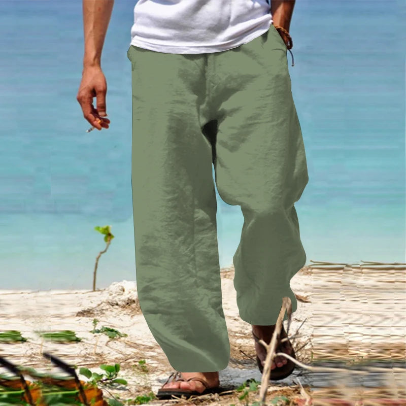 Summer men's long pants, European and American men's clothing, solid color, thin cotton and linen casual straight leg pants, men