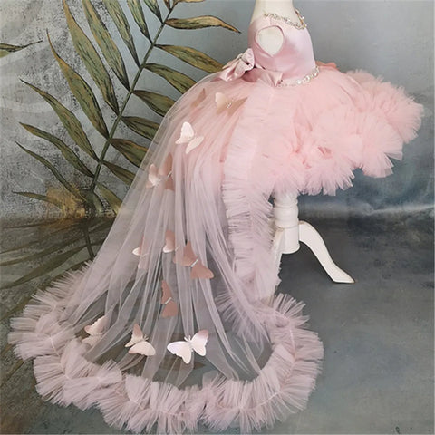 Puffy Girl Dress Pink Baby Dress with Train Flower Girl Dress Bow Cute Kid's Child Birthday Dresses Frist Communion