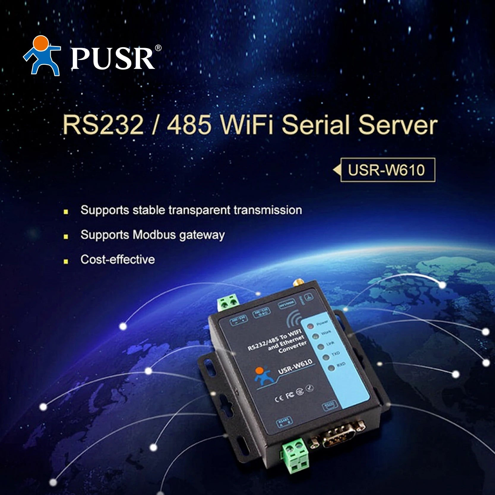 PUSR RS485 RS232 Serial Device Server Serial To WIFI / WIFI to Ethernet Converter Support Modbus Gateway USR-W610