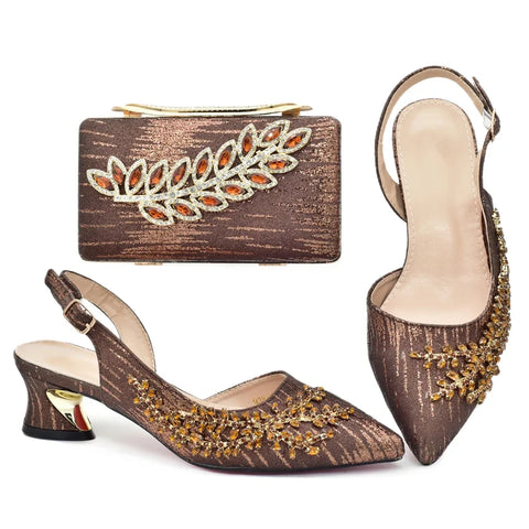 Matching Set Decorated with Rhinestone Africa Shoe and Bags Set