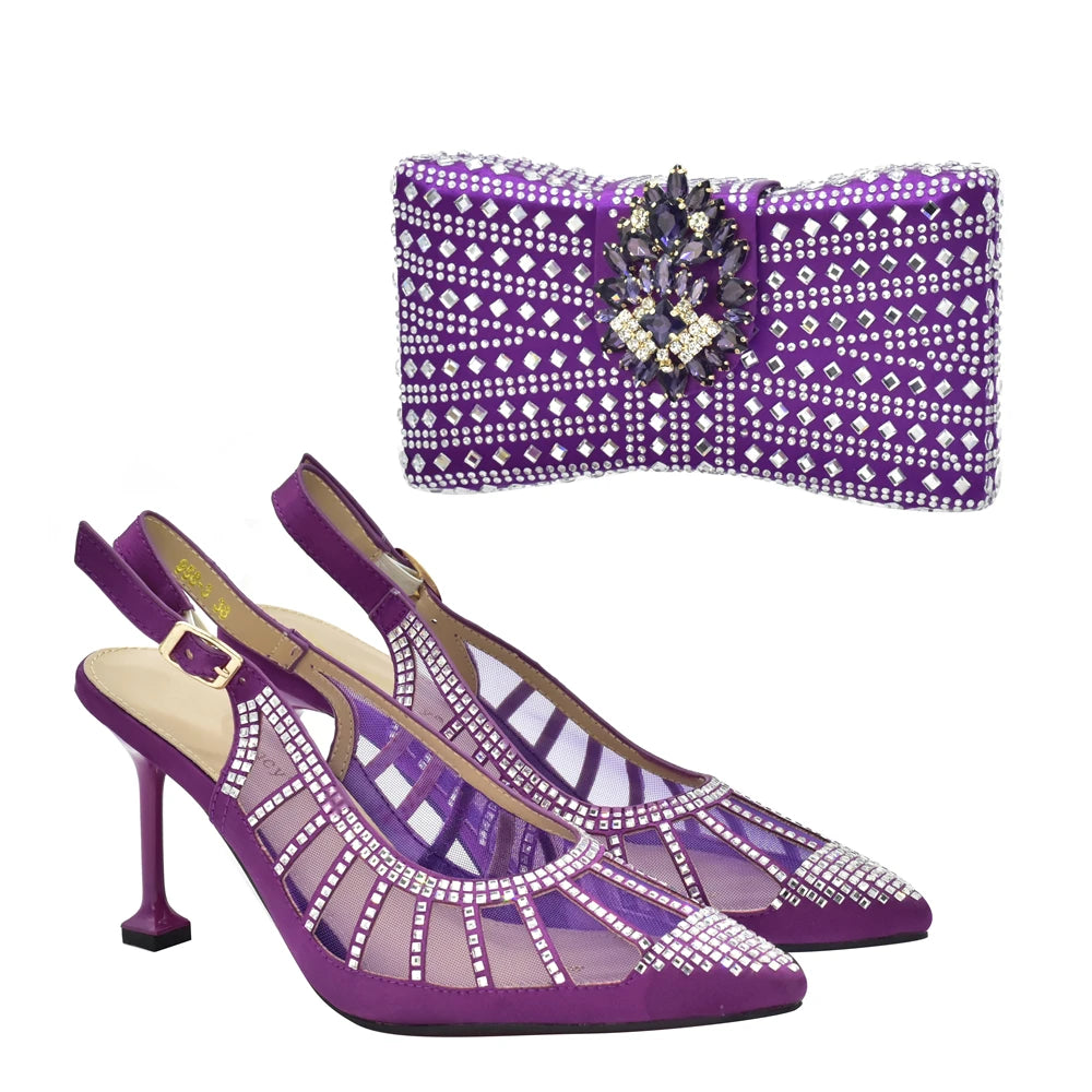 Italian Shoes and Bags Matching Set Decorated with Rhinestone Shoe and Bag Set