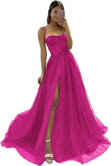 Glitter Tulle Ruffled Prom Dress Long Ball Gown Spaghetti Straps Lace Appliqued 3D Flower Slit Bridesmaid Dresses Cocktail party