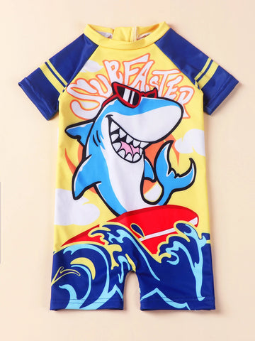 Baby Toddler Boys Swimsuit One Piece Zipper Cartoon Shark Print Bodysuit Sunsuit Swimwear Bathing Suit