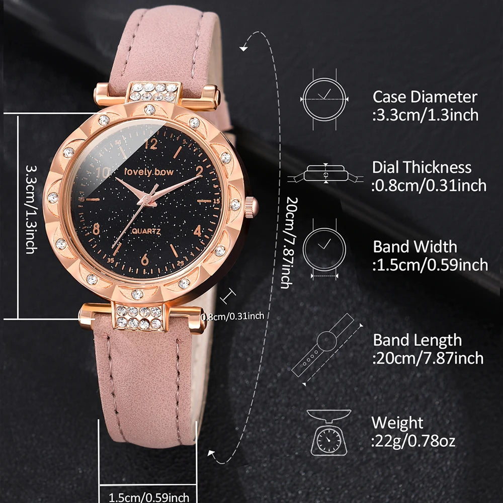 Fashion Ladies Watch 6PCS/Set Round Quartz Wristwatch Pink Leather Strap Fashion Casual Watch  Jewelry Gift For Her