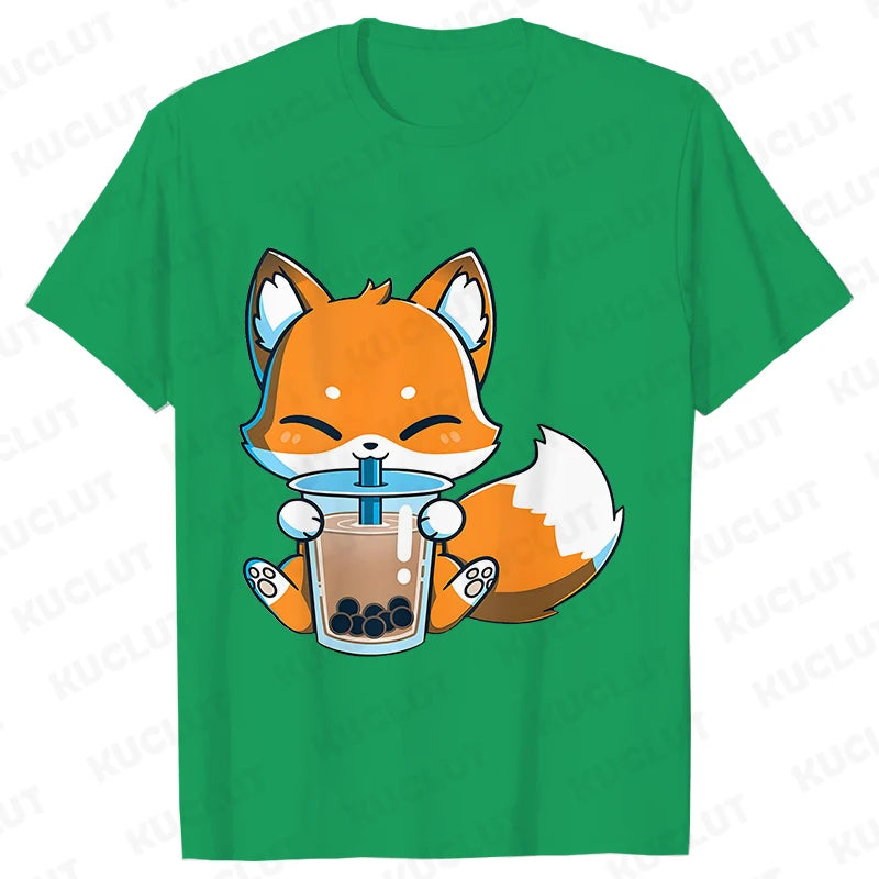 Boba Fox Drinking Print Blouse Women Clothing Fashion Kawaii Cartoon Fox Graphic T-shirts Anime Harajuku Tops Short Sleeve Tees