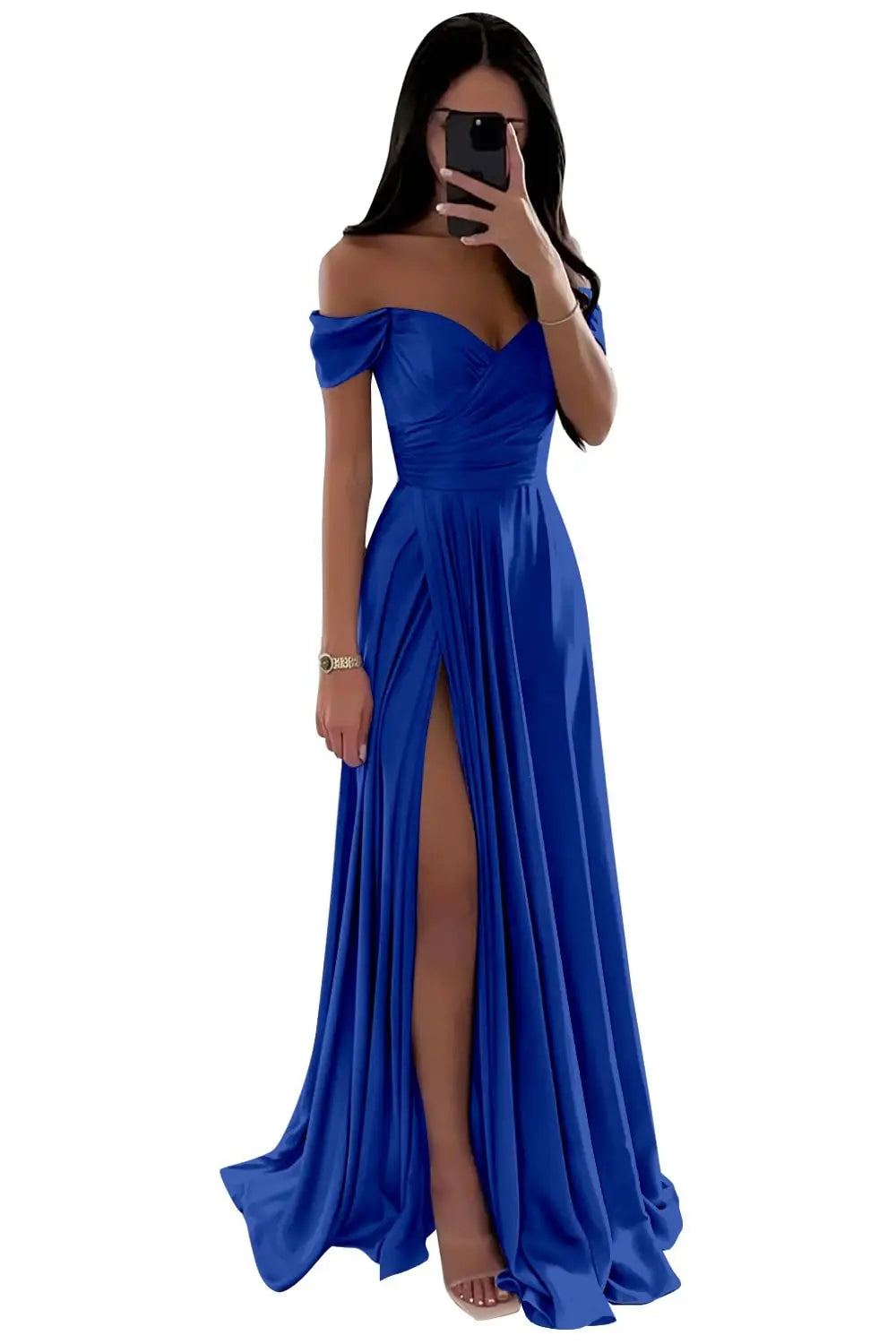 GDYBAO Women's Off The Shoulder Bridesmaid Dresses for Wedding With Slit Long  Pleated Satin Prom Dress A-Line Evening Gowns