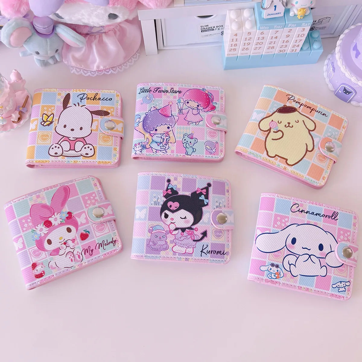 New Sanrio PU Card Holder Women's Wallet Hello Kitty Kulomi Melody Cinnamoroll Portable ID Card Coin Purse Cute Girls Gifts