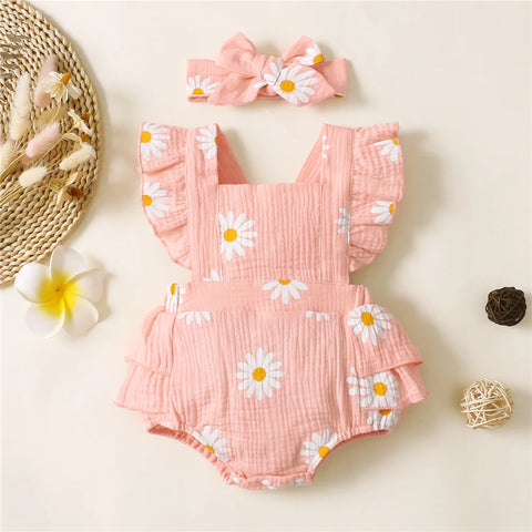 Infant Baby Girl Romper Clothes Ruffle Sleeveless Newborn Bodysuit with Headband Summer Jumpsuit Fashion Toddler Outfit Suit