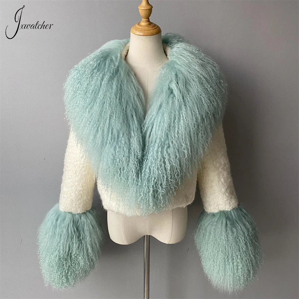 Fur Collar Cuffs Winter  Fashion Solid  Color Tweed Cropped Jacket Fall New Arrival