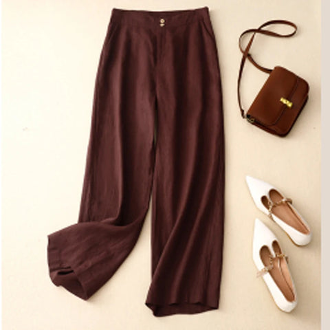 Linen High Waist Solid Color Wide Leg Pants