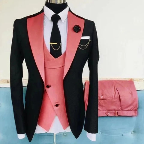 Men Suits 3 Pieces Tailored Best Man Groom Wedding Tuxedo Slim Fit Jacquard Two-color Blazer Jacket  Vest Pants Tuxedo Clothing