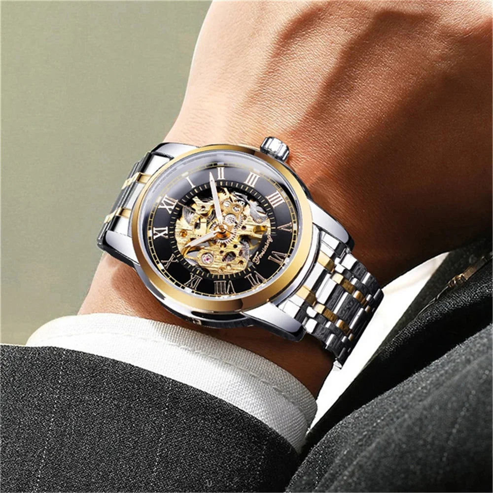 Forsining 349 Men Automatic Watch Round Skeleton Stainless Steel Mechanical Business Clock Relogio Masculino Erkek Kol Saati