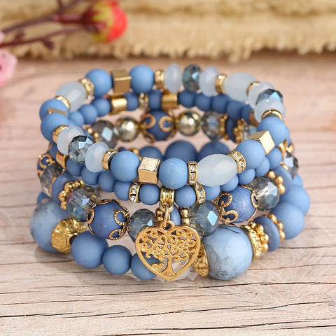 New Acrylic Beads Chain Bracelet Set For Women Tree Of Life Charm Elastic Bangle Female Bohemian Jewelry Accessories