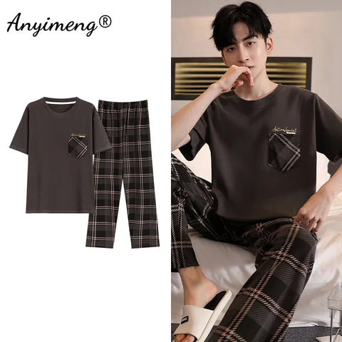 Mens Fresh Pajamas 3xl 4xl Sleepwear Short Sleeved Long Pants Cotton Leisure Pyjamas for Boy Plaid Pants Men Summer Nightwear