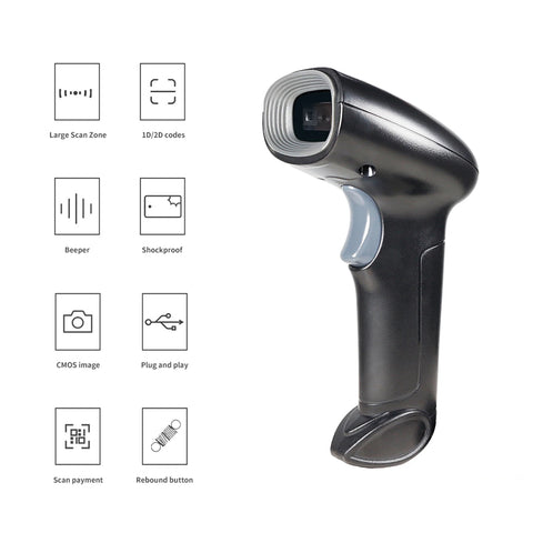 USB Barcode Scanner 1D 2D QR Handheld Wired Bar Code Reader with Stand Support Screen Code Compatible with Windows XP/7/8/10