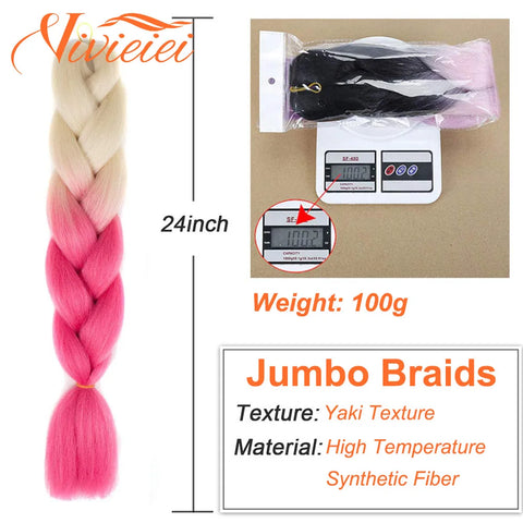 VIVIEIEI Synthetic Braiding Hair 24 Inch Jumbo Braid Ombre Jumbo Hair Extension for Women DIY Hair Braids Purple Pink Yellow Red