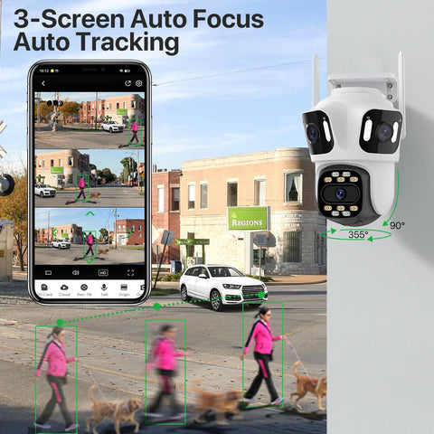 IP Camera 6K HD Three Screen External WiFi Camera Outdoor 4K Dual Lens Auto Tracking Security PTZ Cam Video Surveillance iCsee