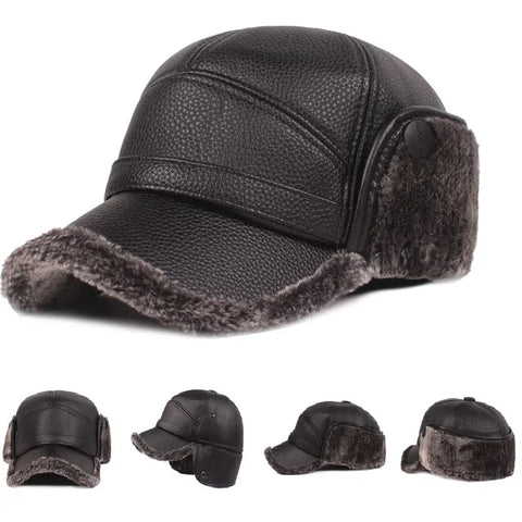 Leather Cap Warm Baseball Cap with Ear Flaps