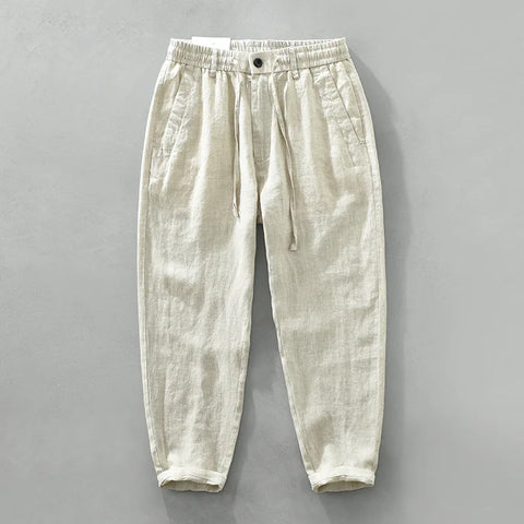 Summer New Casual Retro Pants for Men Clothing Pure Linen Breathable Loose Streetwear B3582