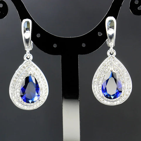 HuiSept Rings Earrings Necklace Bracelet 925 Silver Jewelry Set for Women Wedding Party Water Drop Shape Sapphire Gemstone Gift