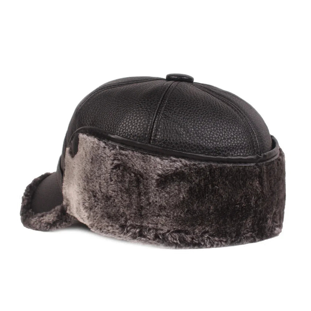 Leather Cap Warm Baseball Cap with Ear Flaps