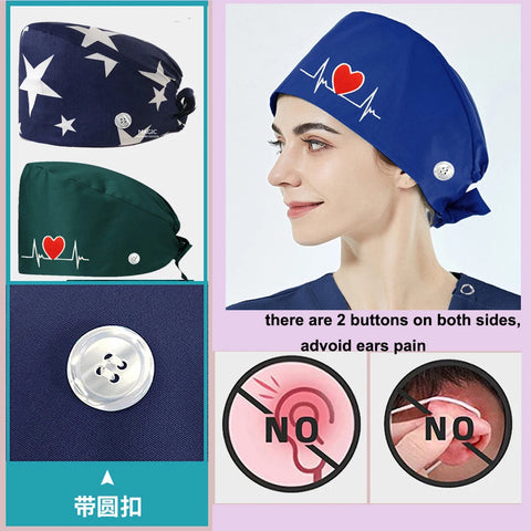 Women Scrub Caps Men Surgical Cap Heart Pharmacy Medical Pets Clinic Doctors Dentist Nursing Print Beauty Salon Hat with Buttons