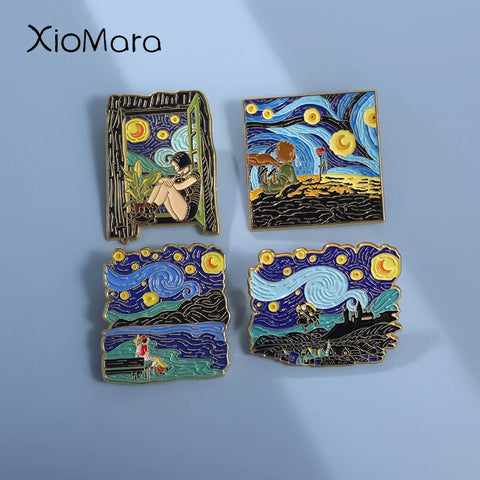 Art Oil Paintings Design Brooch Enamel Pins Cartoon Character Starry Sky Painting Badge Pin Fashion Jewelry Gift Accessories