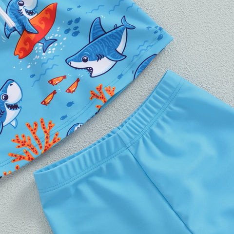 Fashion New Baby Boys Swimsuit 3CS Summer Rash Guard Beachwear Set Short Sleeve Shark Tree Print Top Shorts Hat Toddler Swimwear