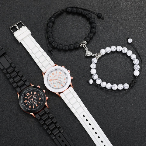 4pcs/set Fashion Couple Silicone Quartz Watch with Lover Beads Bracelet