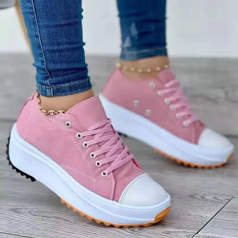 Classic White Canvas Shoes Women Sneakers Solid Lace-Up Casual Platform Shoes