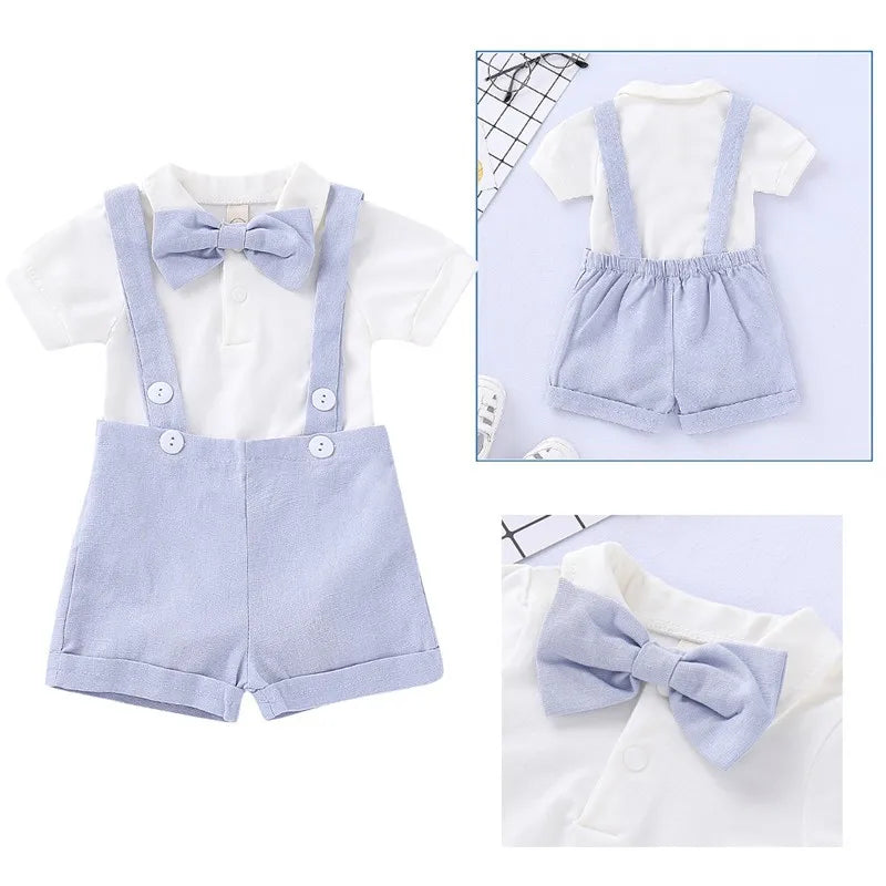 2PCS Newborn Baby Boy Clothes Set Formal Suit Gentleman Romper +Suspenders Shorts Toddler Boy Summer Outfits for 0-24 Months