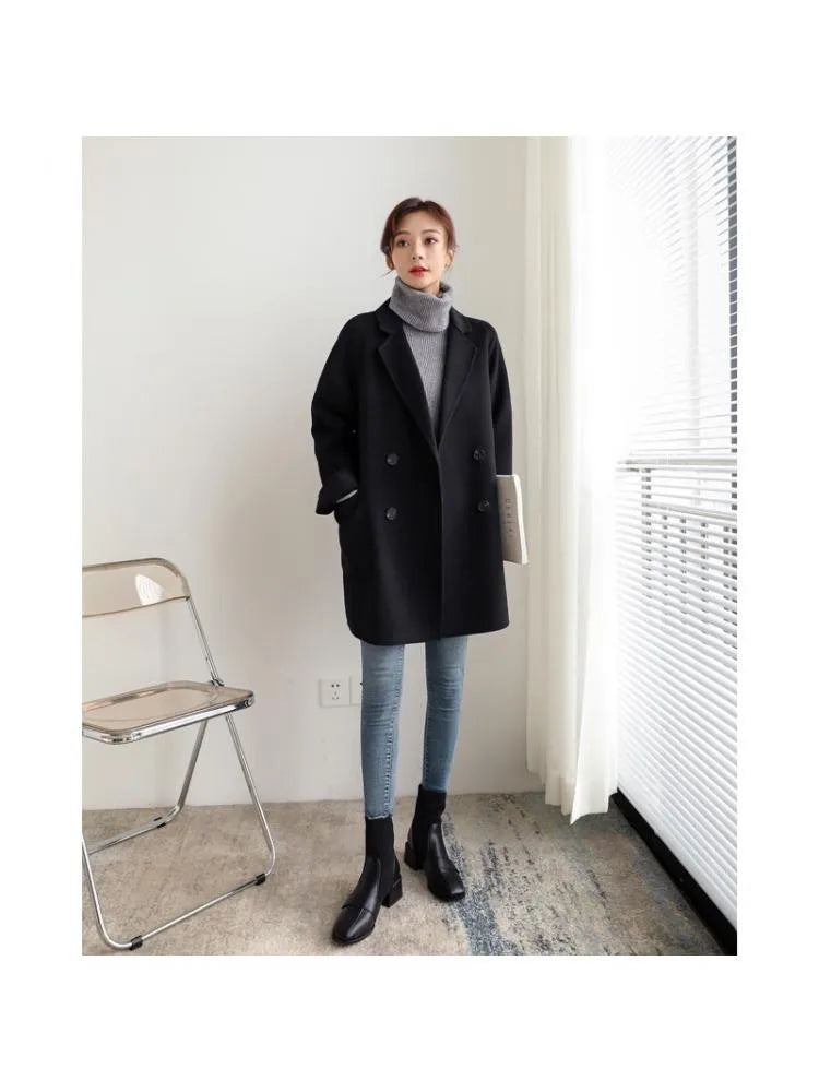 Double Breasted Simple Black 100% Wool Coat