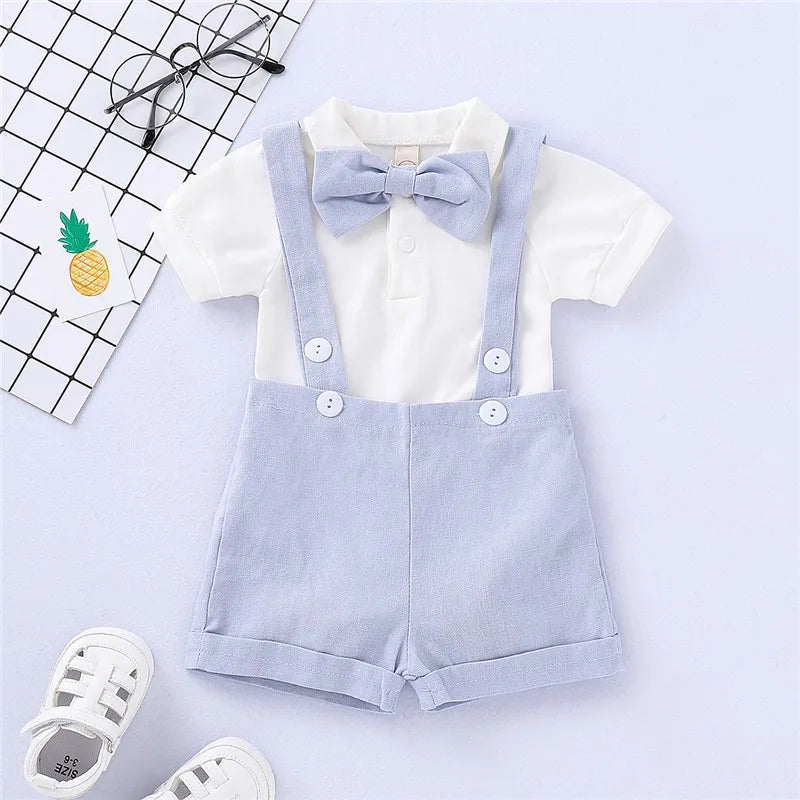 2PCS Newborn Baby Boy Clothes Set Formal Suit Gentleman Romper +Suspenders Shorts Toddler Boy Summer Outfits for 0-24 Months