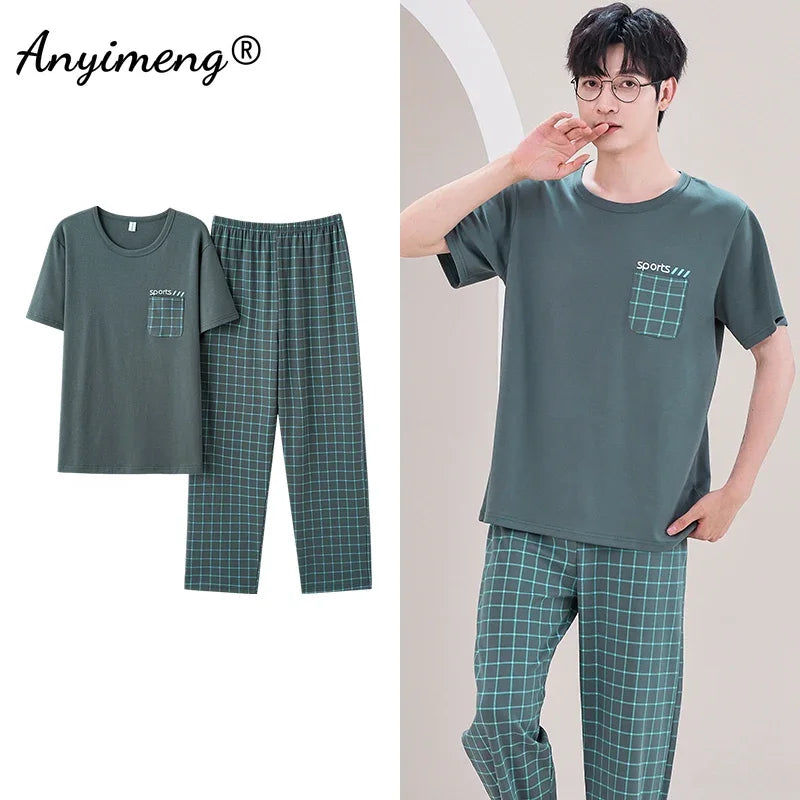 Mens Fresh Pajamas 3xl 4xl Sleepwear Short Sleeved Long Pants Cotton Leisure Pyjamas for Boy Plaid Pants Men Summer Nightwear